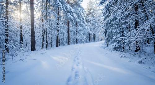 Wallpaper Mural Snowy Forest Path with Footprints and Sunlight, Winter Landscape. Torontodigital.ca