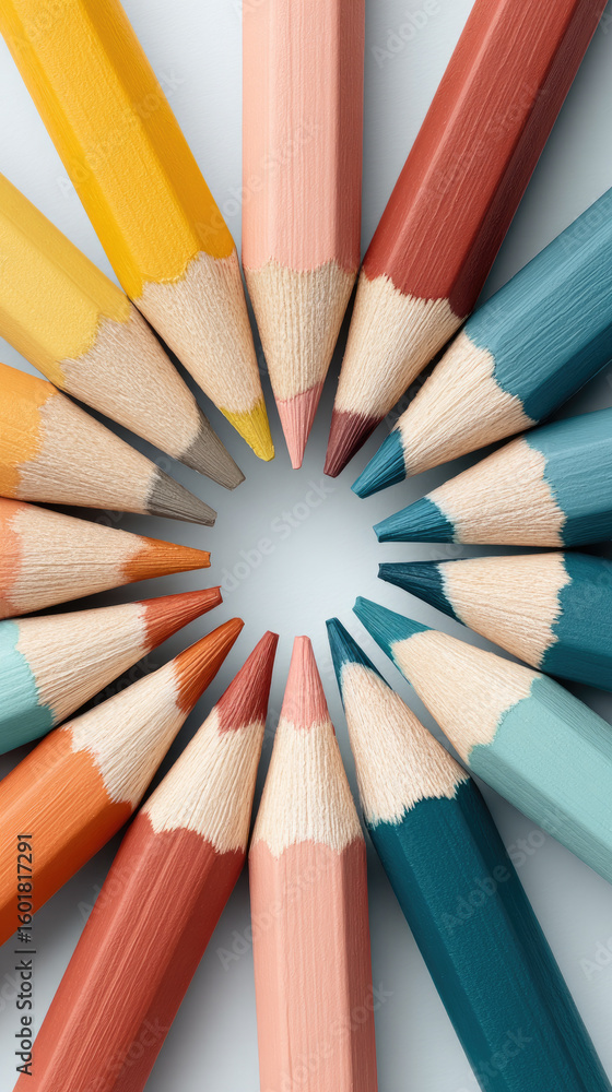 Fototapeta premium Colored pencil tips arranged in circle with warm and cool tones