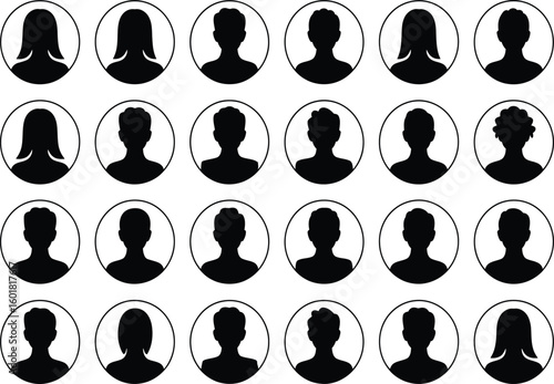 Collection of twenty four circular icons displaying various silhouette head profiles