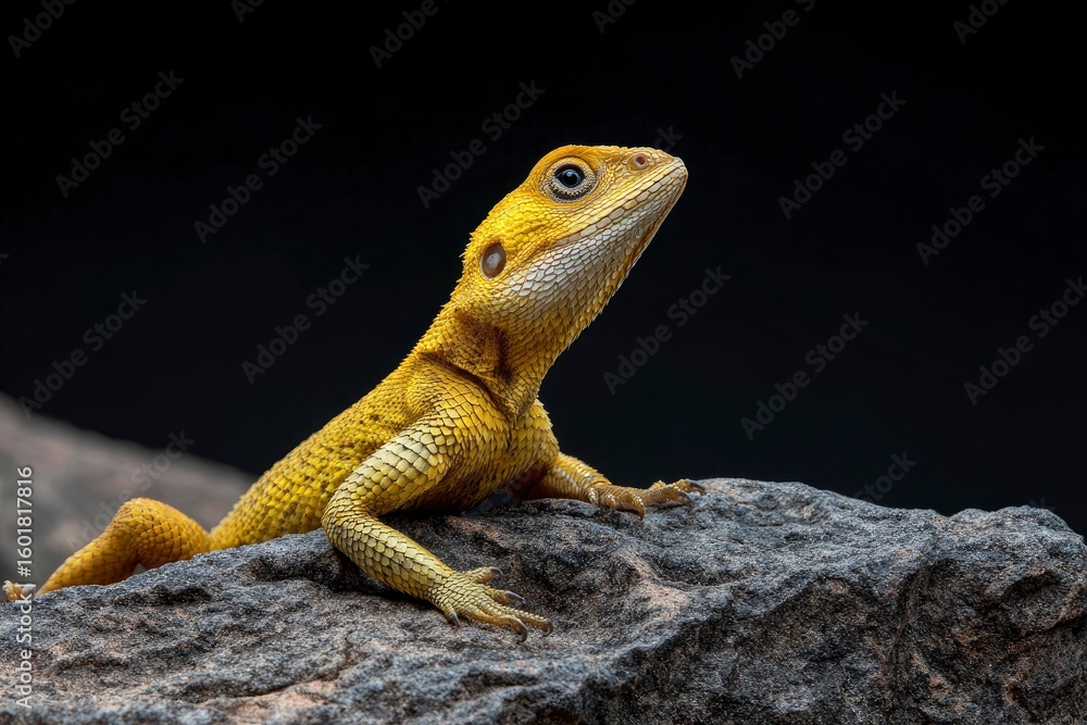 Obraz premium A yellow lizard perched atop a gray rock against a dark backdrop