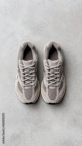 Running shoe pair on concrete floor with neutral tone