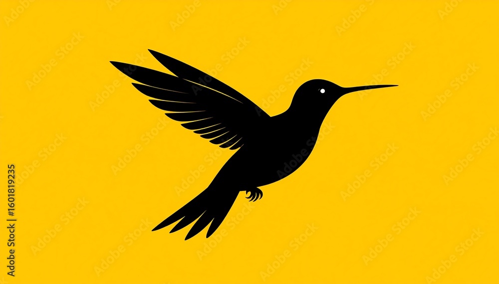 Obraz premium Silhouette of a hummingbird in flight against a bright yellow background (1)