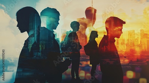 A montage showcasing silhouettes of students participating in leadership programs, team-building activities, and community service. The background a school environment with a cityscape visible outside