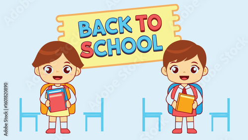 Happy Back to School: Two Cute Cartoon Children Ready for Class, Holding Books,  Smiling,  Bright Colors,  Positive Mood,  Classroom Setting,  Empty Desks.