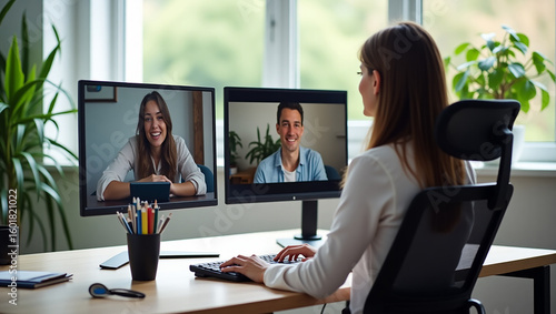 A woman from behind is sitting at a desk, focused on two computer monitors displaying two different people in a video call.