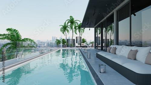 3D illustration. A small private swimming pool in the backyard of a luxury villa.
