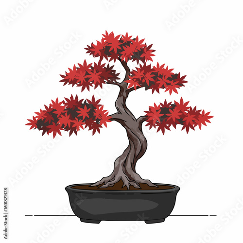 Stylized Japanese Maple Bonsai with Crimson Leaves in a Dark Pot