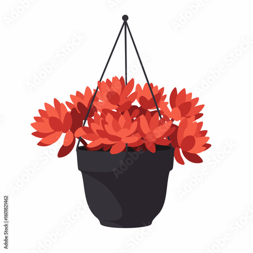 Hanging Planter with Lush Red Flowers, Black Pot, and Suspension