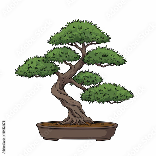 Vibrant Hand-Drawn Bonsai Tree in Elegant Pot