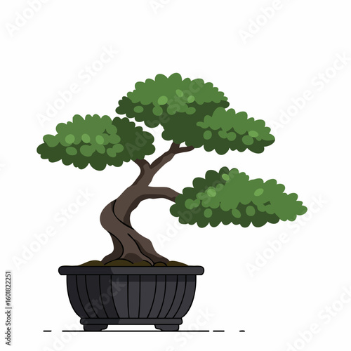 Serene Bonsai Tree in Dark Pot: A stylized illustration of a lush, green bonsai tree with a gracefully curved trunk, planted in a dark, slatted pot.
