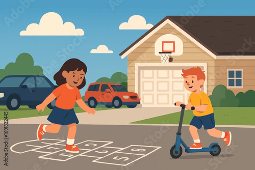 Joyful children playing hopscotch and riding scooter in sunny neighborhood, summer fun time