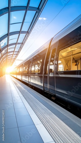 Modern train station platform at sunrise