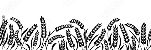 Wheat field, ears of wheat, rye or barley, agriculture and harvest, seamless border, black isolated silhouette on white background, vector drawing