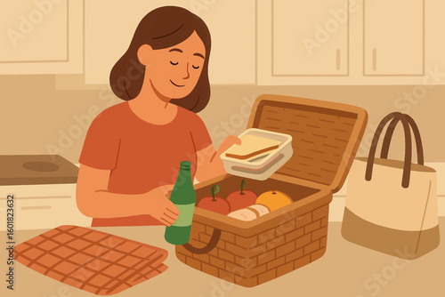 Woman packing picnic basket with sandwiches, fruit, and drinks for a relaxing day outdoors together