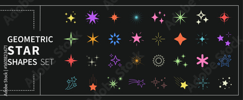 Geometric star shapes set. Sparkling star silhouette, twinkle and fireworks forms, Y2K abstract elements for decoration, logo, form, sticker, tattoo, symbol and graphic design. Vector illustration.