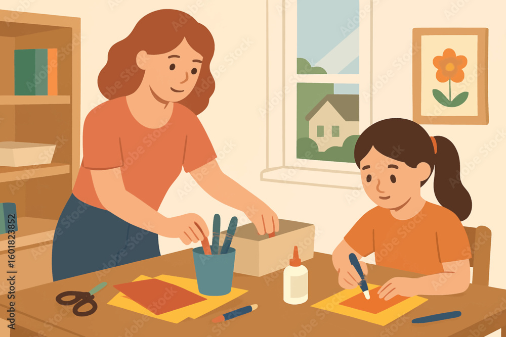 Mother and daughter enjoying creative arts and crafts time together at home, creating art. Mother and daughter enjoying creative arts and crafts time together at home, creating art.