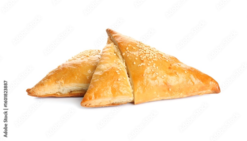 Two triangular pastries on a white background Two triangular pastries on a white background