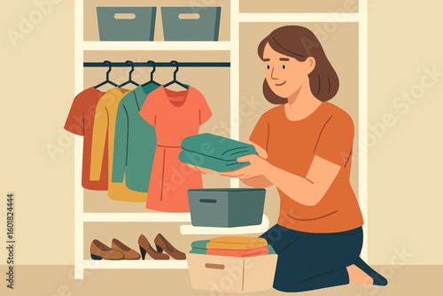 Woman organizing clothes in a modern closet, creating a clean and organized lifestyle
