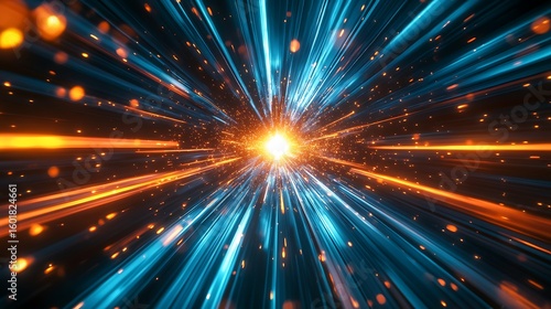 Abstract burst of light streaks through cosmic space with glowing particles