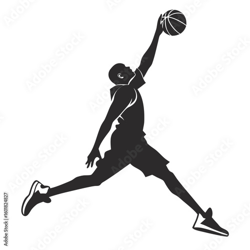 Dynamic silhouette of a basketball player jumping mid-air for a powerful slam dunk.