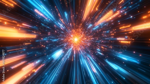 Vibrant abstract light streaks converging towards a brilliant central glow
