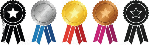 Collection of five award ribbons featuring stars, in gold, silver, bronze, and black variations