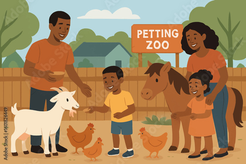 Happy family visiting petting zoo enjoying fun time feeding animals, joyful moments together