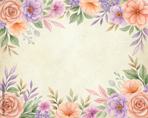Soft watercolor floral border with peach purple and pink blooms image