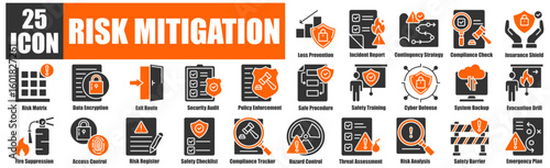 Risk Mitigation icon pack collection set Risk Mitigation Icon Set Hazard Control,  Threat Assessment, Risk Analysis, Safety Barriers, Emergency Plans, etc.