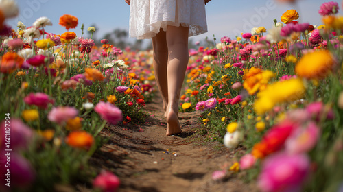 Bare Feet Walking Through Flower Fields. 