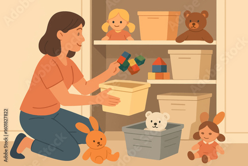 Happy mother tidying up children's toys in a charming playroom setting, ready for play