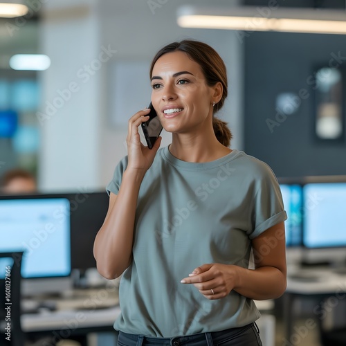 Smiling woman in casual office attire talking on her mobile phone