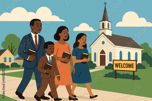 Happy family walking together to church service, filled with faith, hope, and community spirit