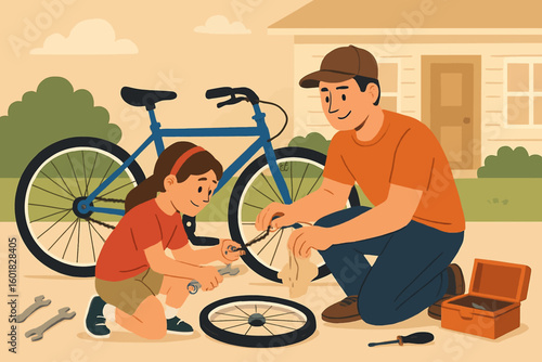 Father and daughter bonding while fixing bicycle tire in front of house, family time