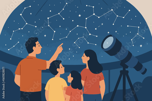 Family stargazing adventure discovering constellations with telescope under the night sky