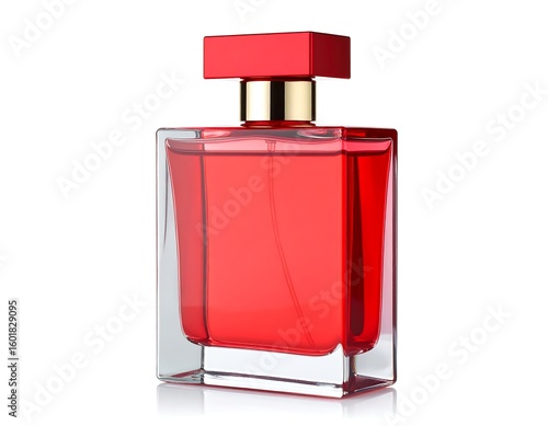 Elegant red perfume bottle with gold accent for luxury beauty and fragrance advertising campaigns