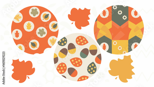 Three circles with autumn themed patterns and four loose leaves arranged on a white background design art silhouette
