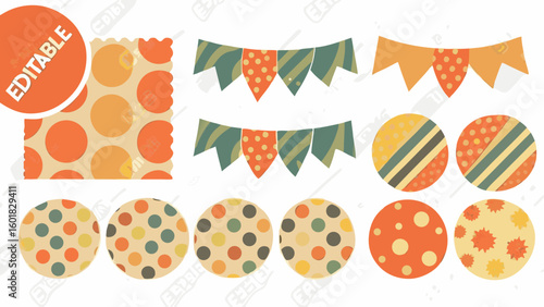Illustration of editable orange circle, polka dot square, and hanging party banner decorations set up nicely silhouette