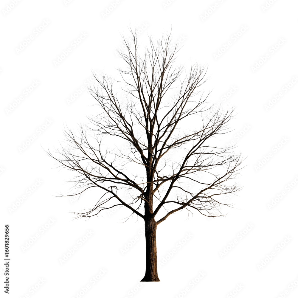 Obraz premium A beautiful winter tree with its branches covered in thick white snow isolated on transparent background.
