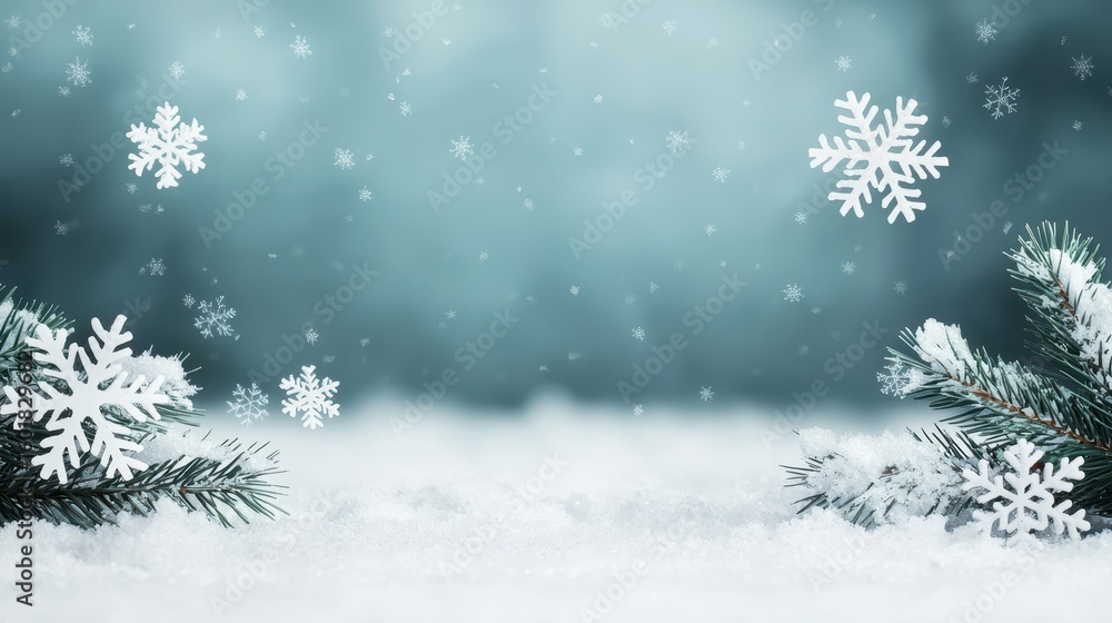 Naklejka premium Snowflakes and snow covered pine branches against a soft blue blurred background