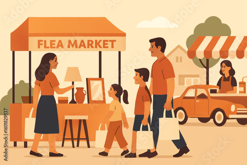 Happy family enjoying a day out at a vibrant flea market searching for unique treasures to buy