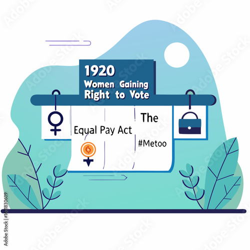 1920 Women Gaining Right to Vote with Symbols of Equality and Justice in a Colorful Background