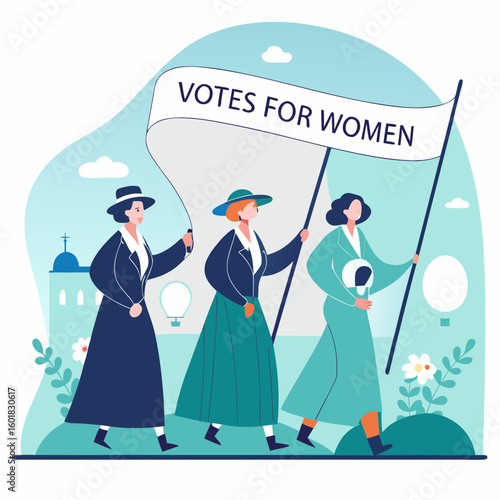 Three women marching with a banner reading 'Votes for Women' in a stylized urban background