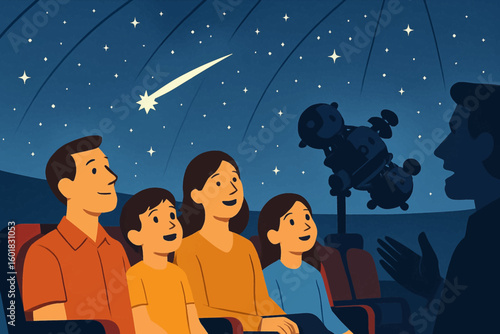 Family stargazing together in planetarium, enjoying a celestial show with stars and comet