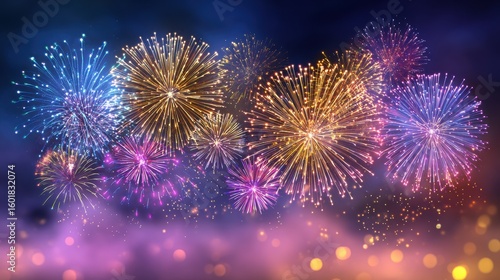Layered festive fireworks display: intricate golden bursts, cyan radial patterns, star magenta sparks on purple-blue gradient backdrop, glowing orbs, fog effect for corporate branding header.
