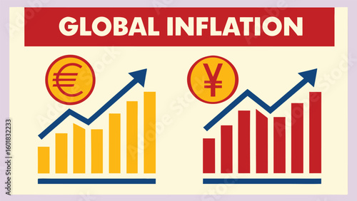 Global Inflation: Euro and Yen Currency Rising Costs, Illustrated Bar Graph Showing Economic Growth and Increasing Prices, Flat Design, Informative and Serious Mood.