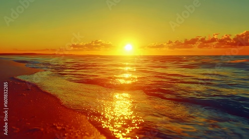 Golden sunset reflecting on calm ocean waves at the beach.