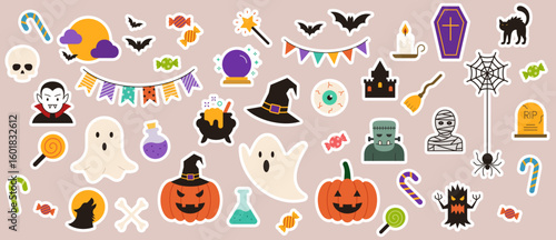 Halloween sticker set. October scary, pumpkin, ghost, candy and more. Elements for invitation, scrapbook, web design, tag and party clipart. Vector illustration.