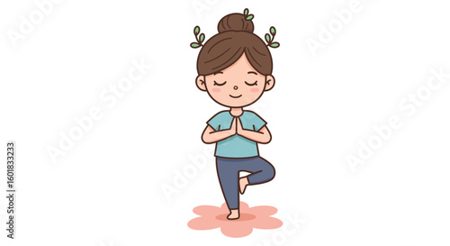A cute cartoon girl with a hair bun practices the yoga tree pose with her eyes closed.