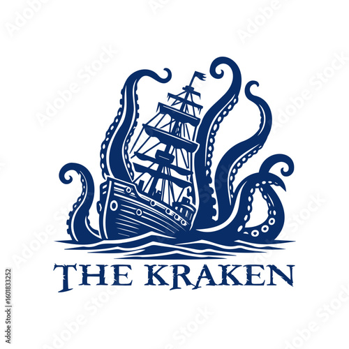 vector logo of a giant octopus sinking old ship